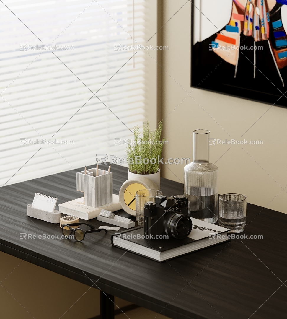 Modern ornaments combination book glasses water cup kettle shutter 3d model