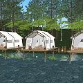 Lakeside Glamping Site with Overwater Platforms White Tents and Wooded Surroundings