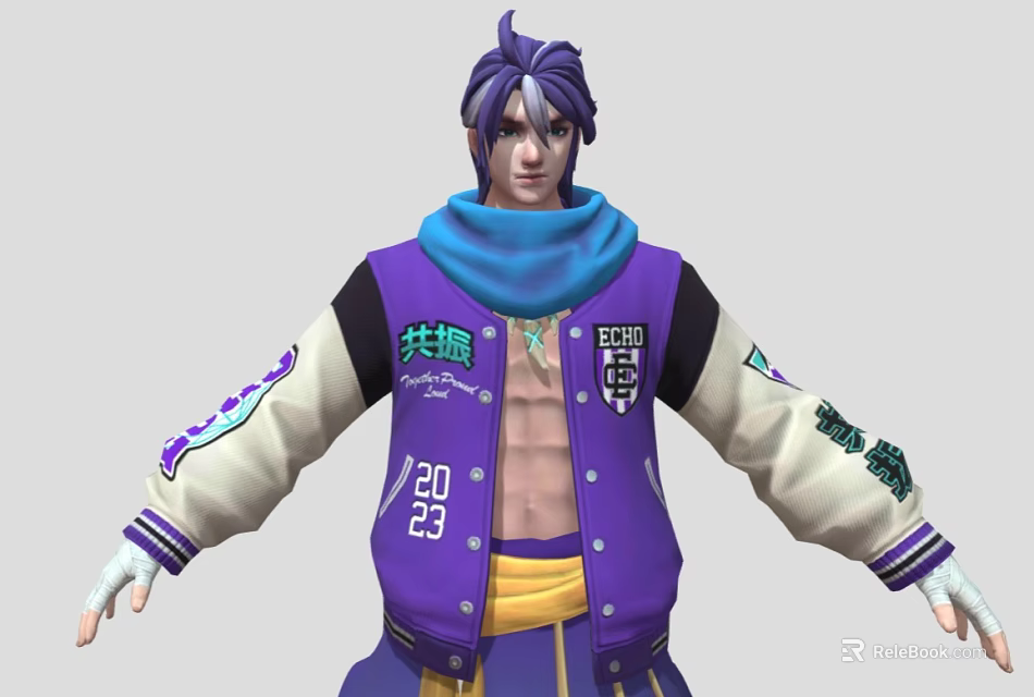 Man With Purple Hair Blue Scarf Purple Jacket Featuring 2023 And Yellow Pants 3d model 