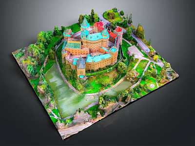 Elaborate Castle Architecture Model With Lush Green Trees Scenic Lake And Winding Path 3d model
