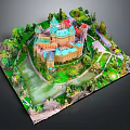 Elaborate Castle Architecture Model With Lush Green Trees Scenic Lake And Winding Path