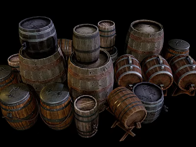 Traditional Wooden Barrels In Various Sizes For Home Storage And Decorative Use 3d model