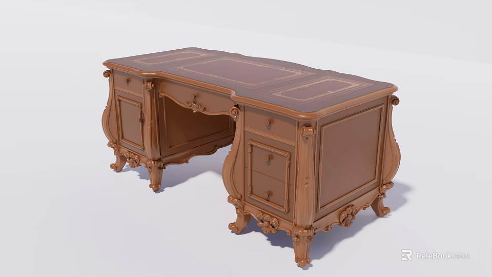 Vintage Wooden Office Desk With Carved Legs Drawers And Leather Top 3d model 