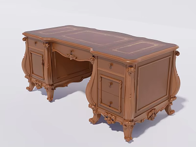 Vintage Wooden Office Desk With Carved Legs Drawers And Leather Top 3d model