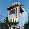 Modern Detached Villa With Greenery Covered Balconies Palm Trees And Illuminated Exterior Design