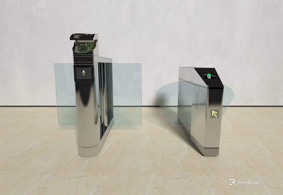 Modern Public Access Turnstiles With Stainless Steel Body And Glass Barriers 3d model 