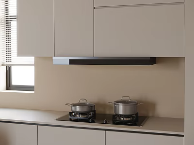 Sleek Modern Kitchen Interior With Stove Range Hood Pots And Cooking Appliances 3d model