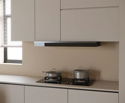 Sleek Modern Kitchen Interior With Stove Range Hood Pots And Cooking Appliances 3d model