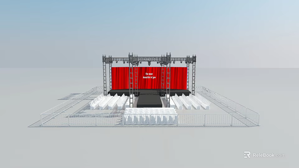 Event Stage With Red Curtain White Text Brand Industry 2024 White Chairs And Metal Fencing 3d model 