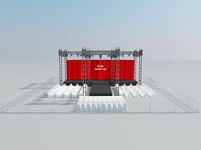Event Stage With Red Curtain White Text Brand Industry 2024 White Chairs And Metal Fencing 3d model