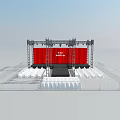 Event Stage With Red Curtain White Text Brand Industry 2024 White Chairs And Metal Fencing