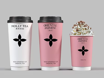 Molly Tea Oriental Jasmine Crystal Jasmine Beverage In White Pink Cups With Whipped Cream Topping 3d model