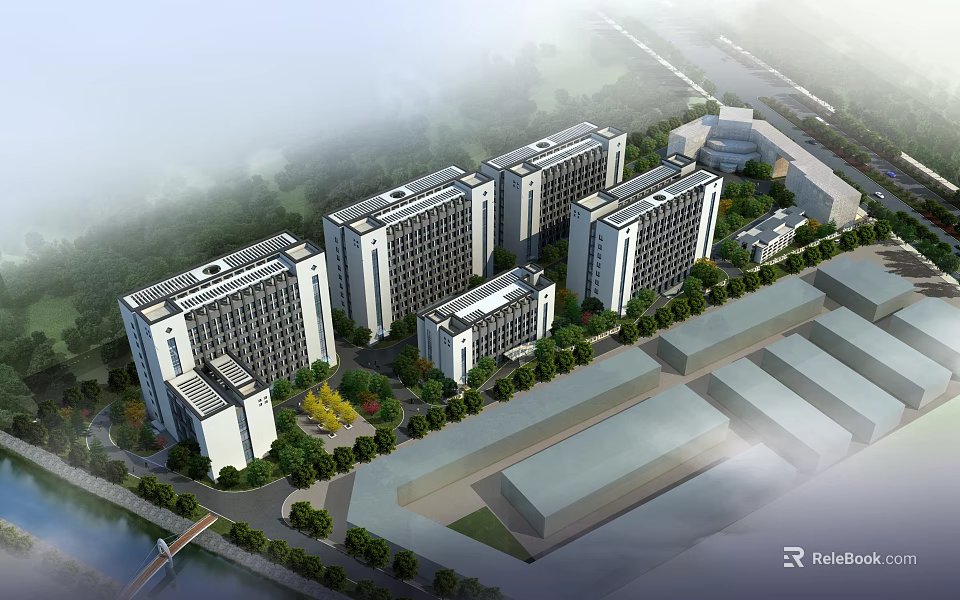 Luxury Shower Sauna Facility In Modern Building Complex With Greenery Waterfront And Paths 3d model 