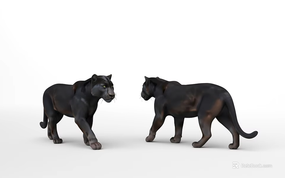 Realistic Black Panther Figurines Standing Facing Each Other On White Background 3d model 