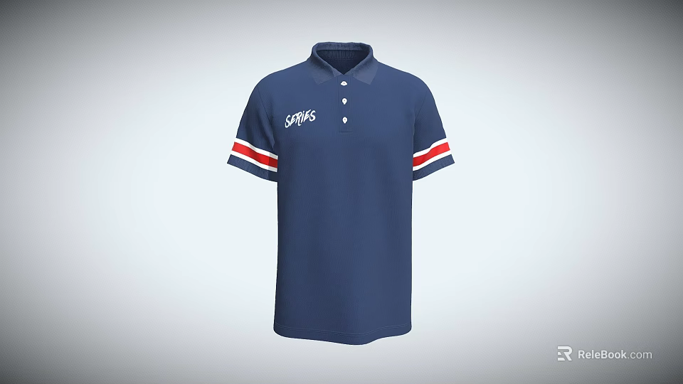 Navy Blue Collared Polo Shirt With Short Sleeves Red White Striped Cuffs GAP Logo Chest 3d model 