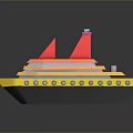Vibrant Water Vessel With Yellow Hull Orange Deck Red Sails White Chimneys And Blue Windows