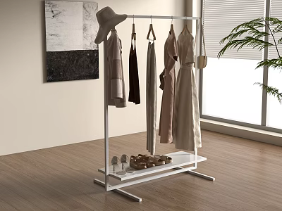 Stylish Clothes On White Clothing Rack With Hat And Shoes Near Window On Wooden Floor 3d model