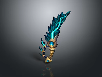 Fantasy Weapon With Blue Glowing Leaf Shaped Design And Golden Handle 3d model