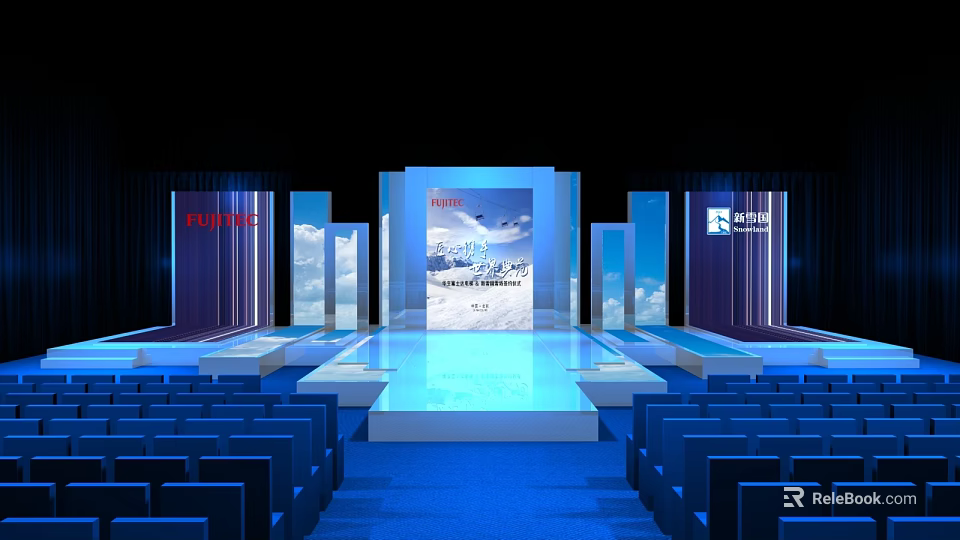 Modern Blue Stage Setup With Lighting Backdrop Brand Logos And Seats 3d model