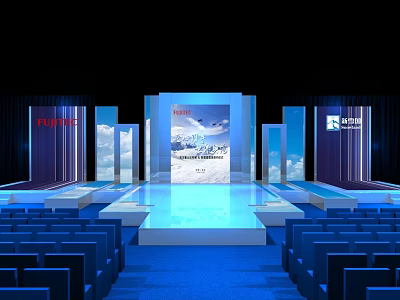 Modern Blue Stage Setup With Lighting Backdrop Brand Logos And Seats 3d model