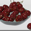 Red Cherries in Gray Cracked Texture Bowl with Single Cherry on Side 3d model