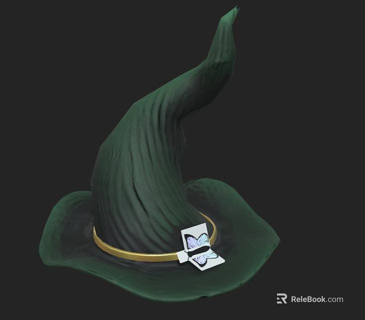 Green Witch Hat With Curved Top Golden Band And Smiley Card Decoration 3d model 