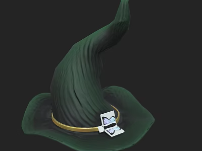 Green Witch Hat With Curved Top Golden Band And Smiley Card Decoration 3d model