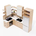 Modern Kitchen Interior With Wooden Cabinets Stove Sink Open Shelves And Refrigerator