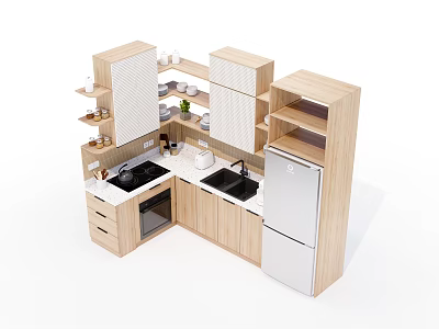 Modern Kitchen Interior With Wooden Cabinets Stove Sink Open Shelves And Refrigerator 3d model