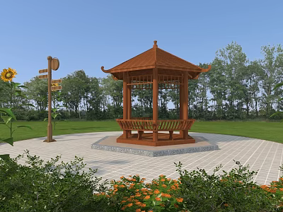 Wooden Pavilion In Park With Green Plants Sunflowers Signpost Square Tiles And Background Trees 3d model