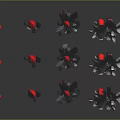 3D Crystal Structures With Red Tips Black White Various Shapes Sizes Arranged On Dark Background 3d model