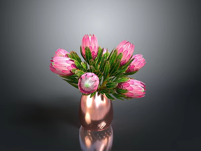 Elegant Pink Protea Flowers Arranged In Copper Vase With Green Leaves 3d model
