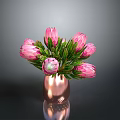 Elegant Pink Protea Flowers Arranged In Copper Vase With Green Leaves