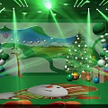 Vibrant Green Lit Children's Playground Stage With Castle Decorations Trees And Gift Boxes
