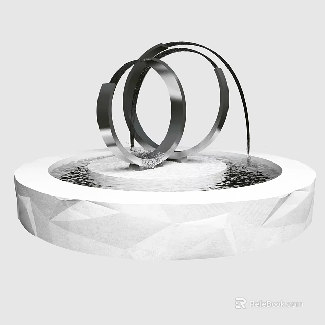 Modern Garden Ornament with Metal Rings and Water Feature on White Polygonal Base 3d model 