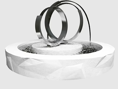 Modern Garden Ornament with Metal Rings and Water Feature on White Polygonal Base 3d model