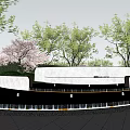 Modern Landscape Wall Surrounded By Cherry Blossom Trees And Green Grass