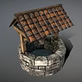 Public Well With Stone Circular Structure And Wooden Tiled Roof Hanging Bucket