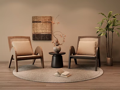 Comfortable Wicker Wooden Chairs With Beige Cushions Round Rug Side Table Potted Plant And Book 3d model