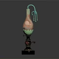Copper Candle Lamp With Green Lotus Design And Turquoise Tassel On Black Base