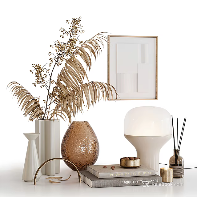 Modern Elegant Ornament Set With Golden Leaf Plant Framed Art Vases And Table Lamp 3d model 