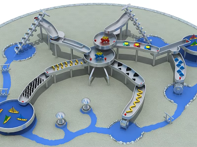 Colorful Circular Playground Equipment With Slides Climbing Structures Water Areas And Small Boats 3d model