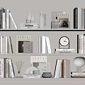 Stylish Decorative Ornaments And Books Arrangement On White Shelves With Clock Vase And Lamp