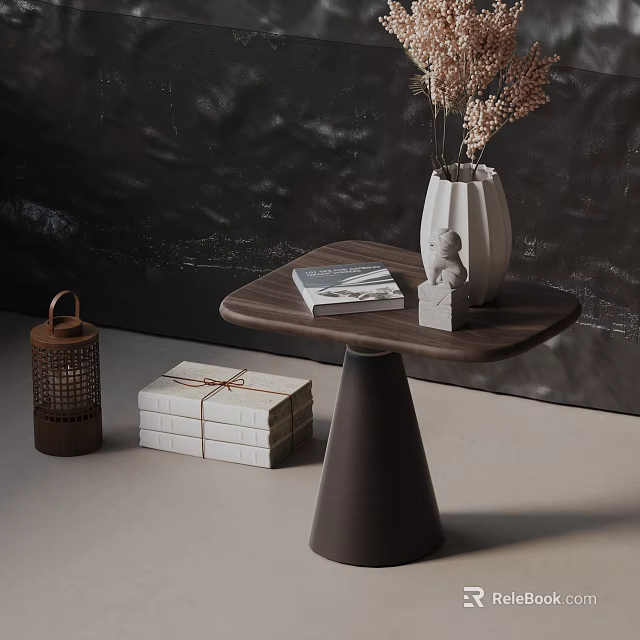 Modern Wooden Side Table with Tapered Base and Decorative Elements Like Vase Books and Figurine 3d model 