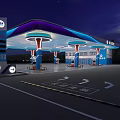 Modern Gas Station Exterior Featuring Blue Wave Canopy And Fuel Pumps At Night