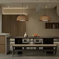 Modern Restaurant Interior With Rattan Pendant Lights Open Kitchen Marble Island And Green Plants