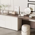 Modern Stylish Dressing Table with Wooden Top Round Mirror Drawers Stool Vase and Picture Frames