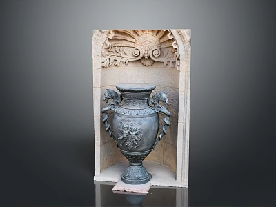 Intricate Sculptural Carving With Stone Frame And Decorative Vase Featuring Detailed Patterns 3d model