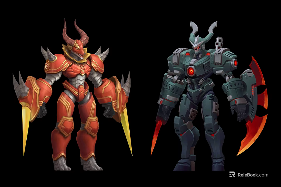 Armored Fantasy Characters Red Warrior And Green Robot With Horns Spikes And Weapons 3d model 