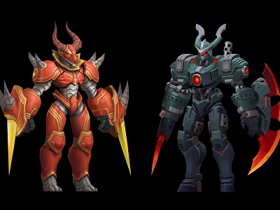 Armored Fantasy Characters Red Warrior And Green Robot With Horns Spikes And Weapons 3d model